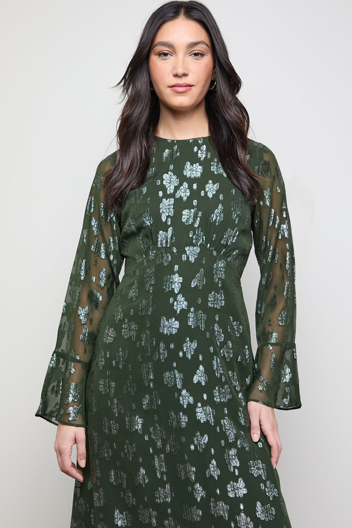 Oasis Metallic Jacquard Flute Sleeve Midi Dress