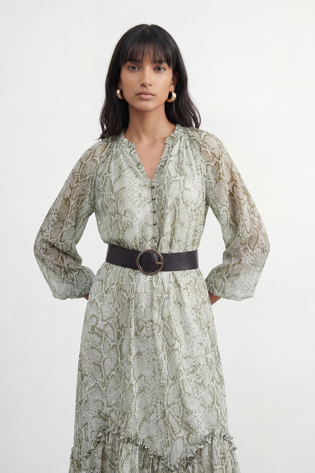 Warehouse Petite Snake Print Ruffle Detail Belted Maxi Dress