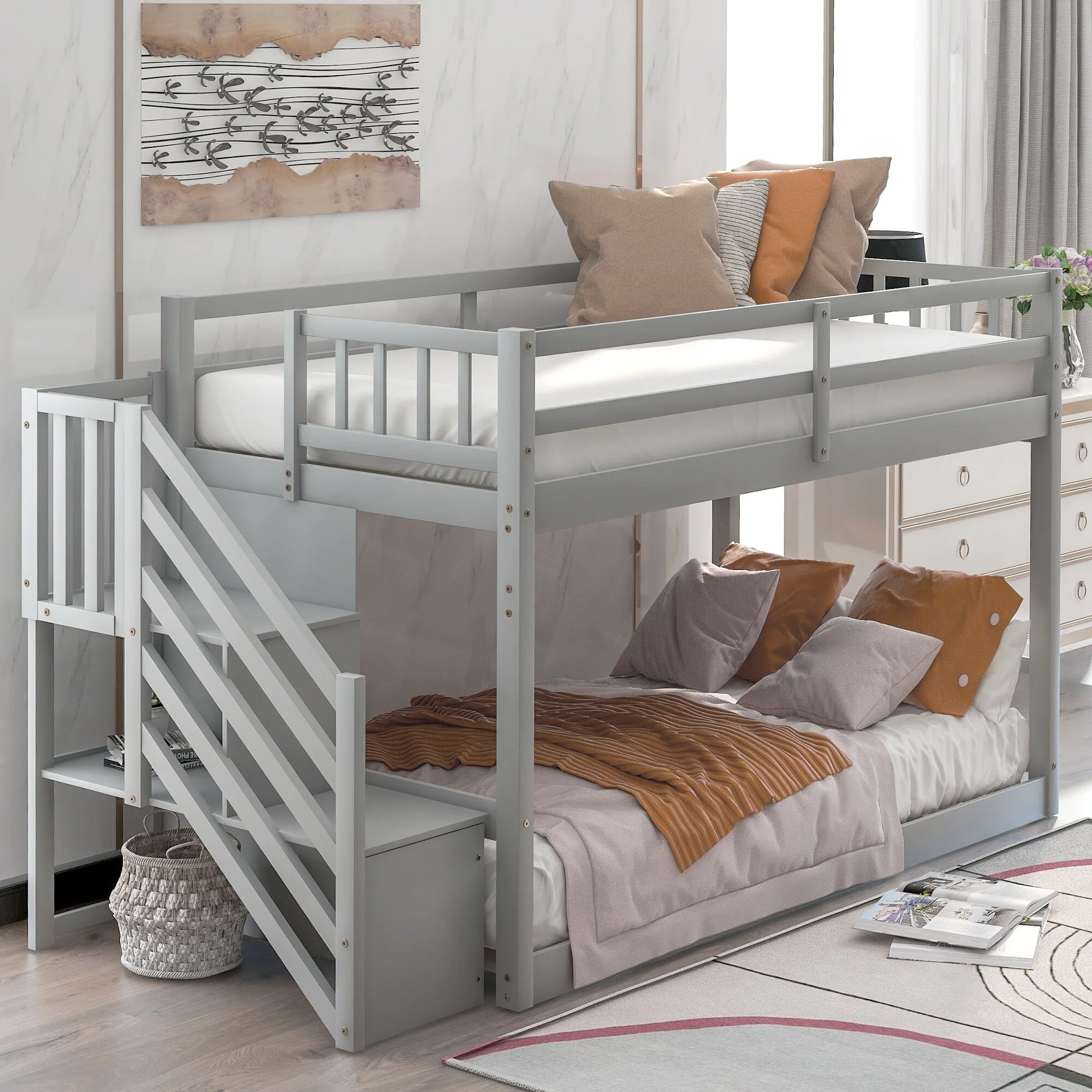 Twin over Twin Bunk Bed Floor Bed with Ladder with Storage