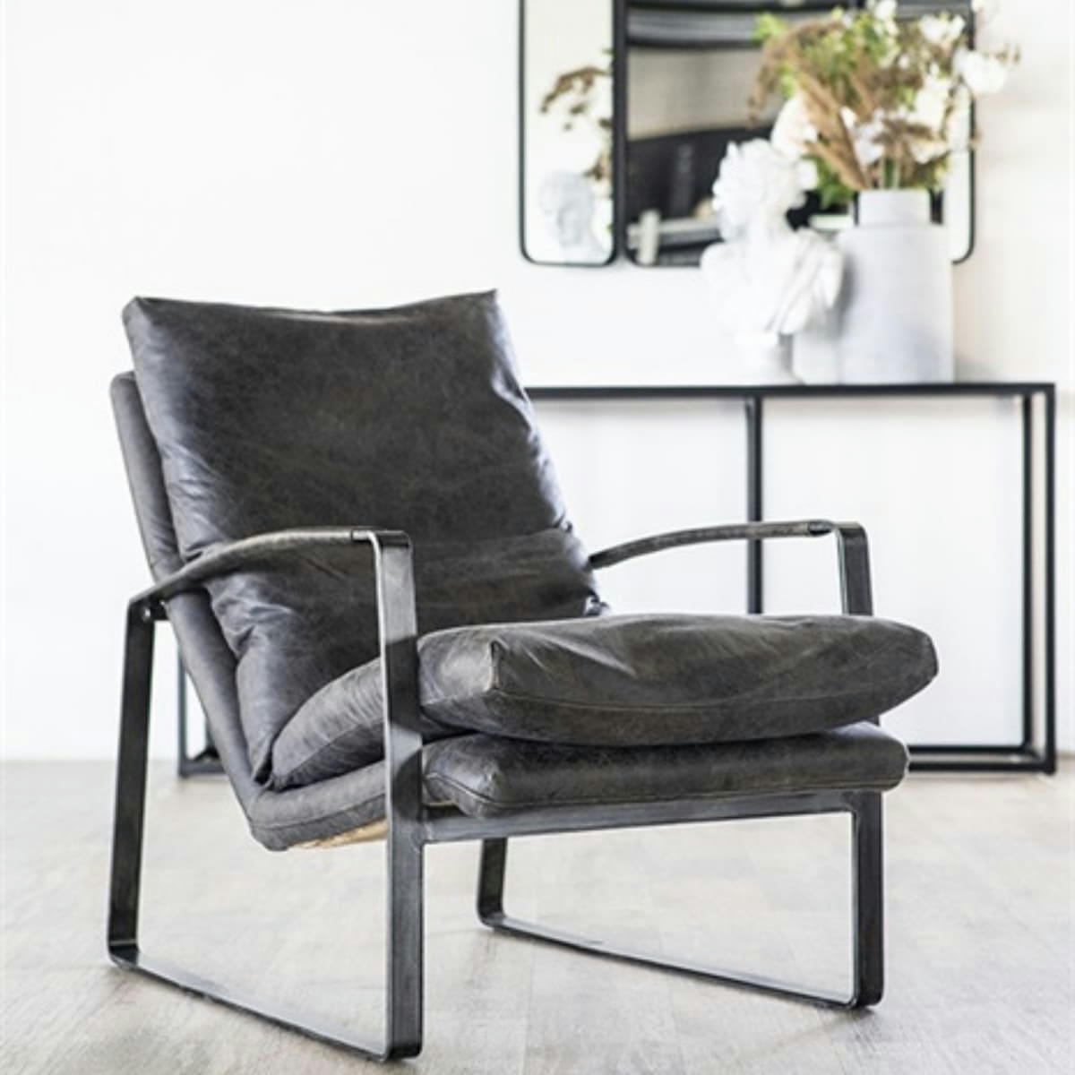 LUKAS - Fauteuil cuir vintage accoudoirs métal noir gris foncé