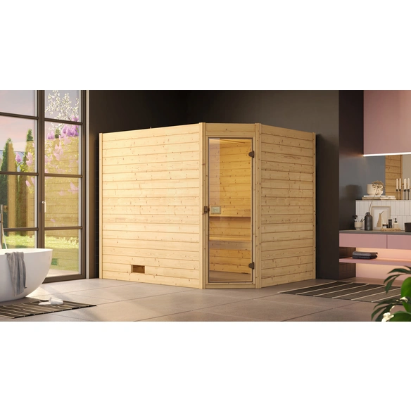 Massivholzsauna »VALIDA ECK 3«, 6 Personen, inkl. 9 kW Ofen mit externer Steuerung