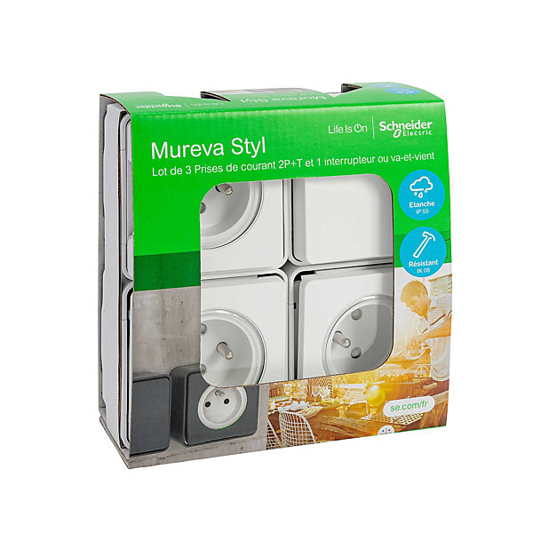 3 prises avec terre   1 interrupteur va-et-vient Schneider Electric Mureva Styl blanc, lot