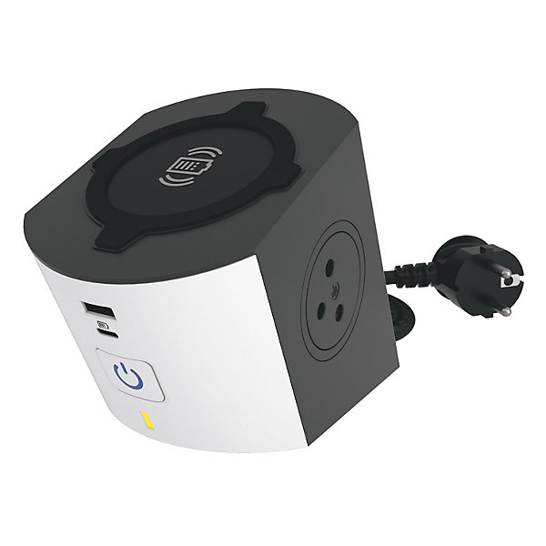 Multiprise 2 prises 2 pôles terre   2 chargeurs induction Qi USB-A et C Legrand blanc et gris 2 m