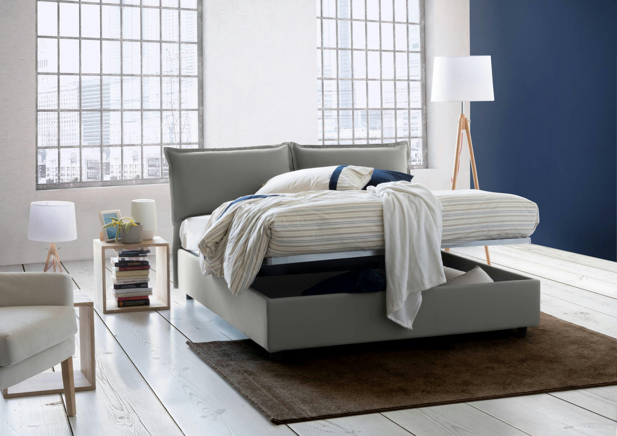 SILVIA - Lit coffre 140x190 cm en tissu gris
