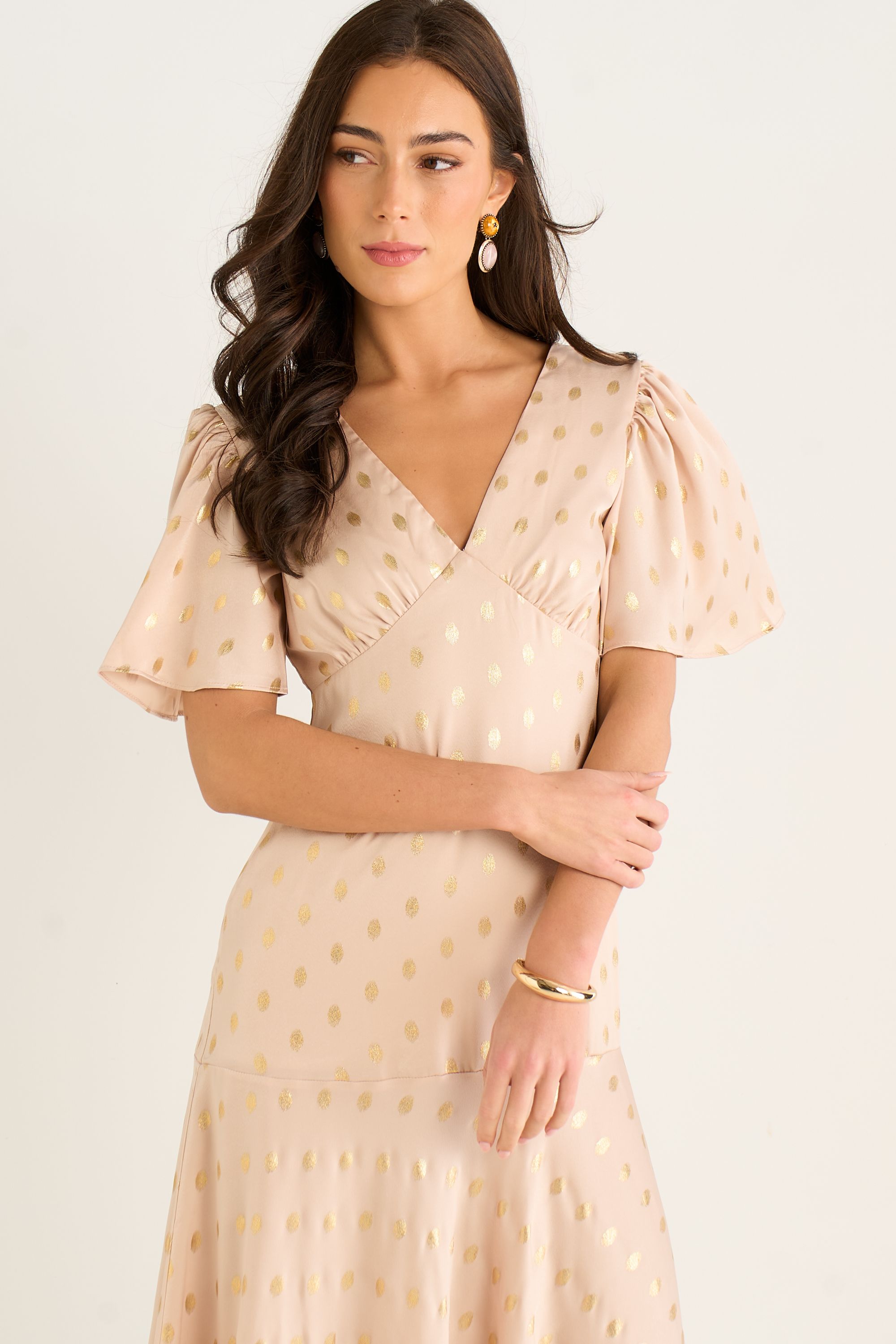 Gini London Stone Angel Sleeves Foil Pattern Maxi Dress