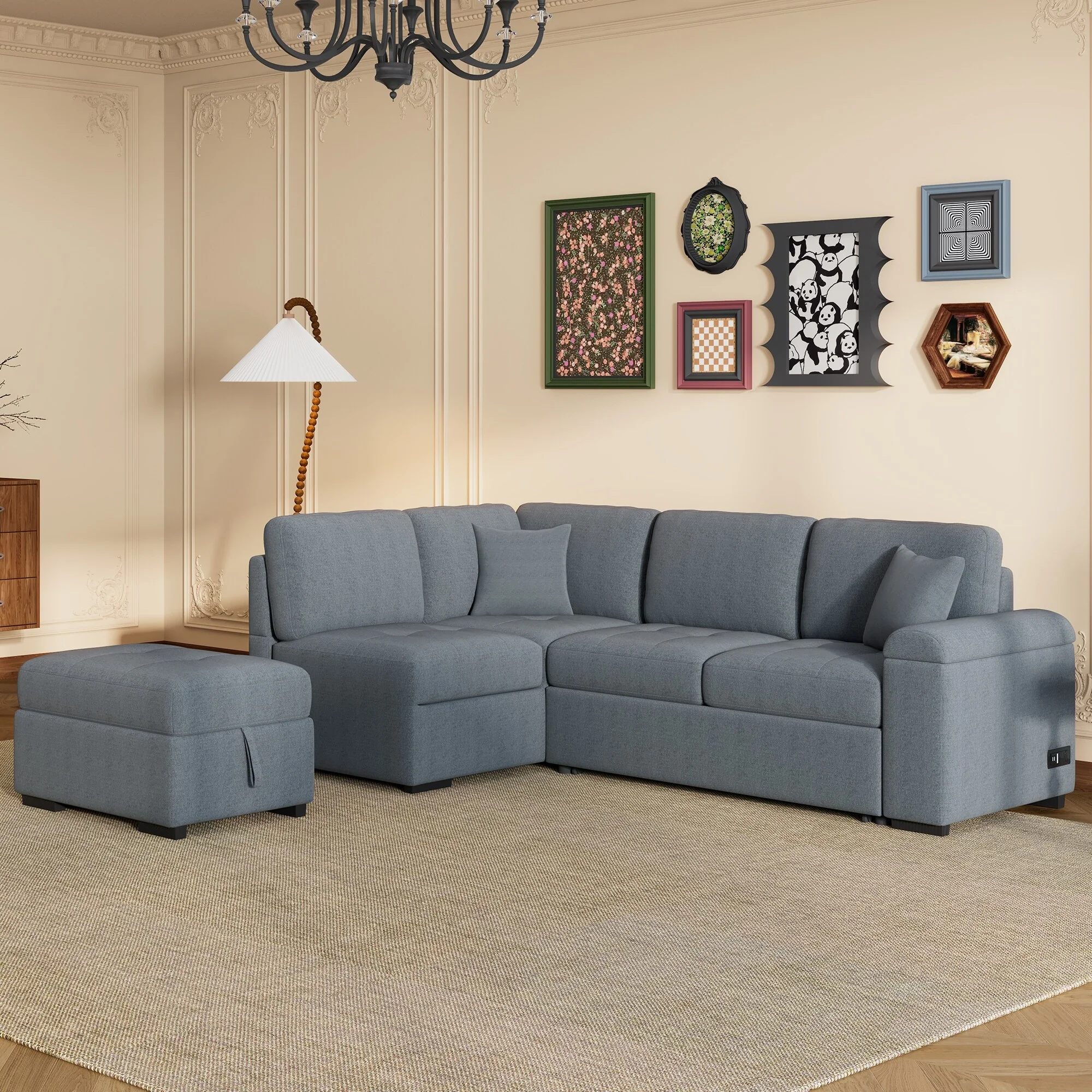 Modern L Shaped Sleeper Sofa with Pull Out Bed and USB Ports and Storage Ottoman for Living Room and Guest Room