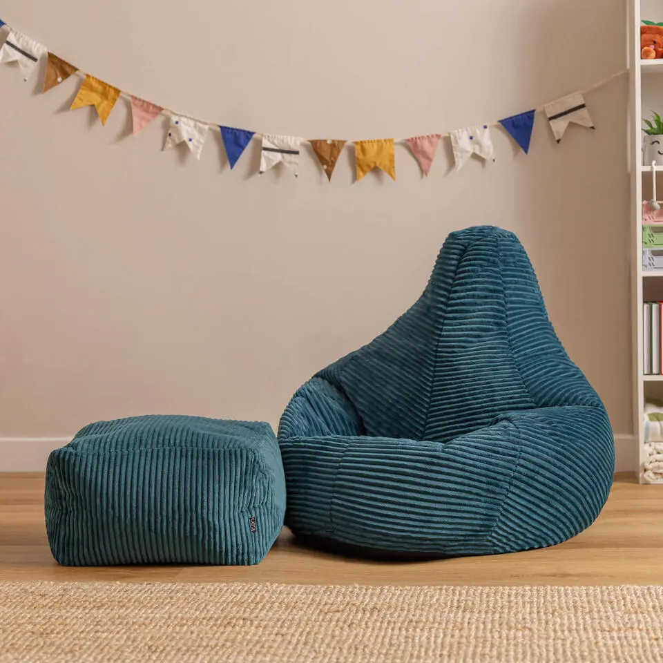 icon - Dalton Kinderzitzak Stoel met Poef - Ribfluweel - Blauwgroen