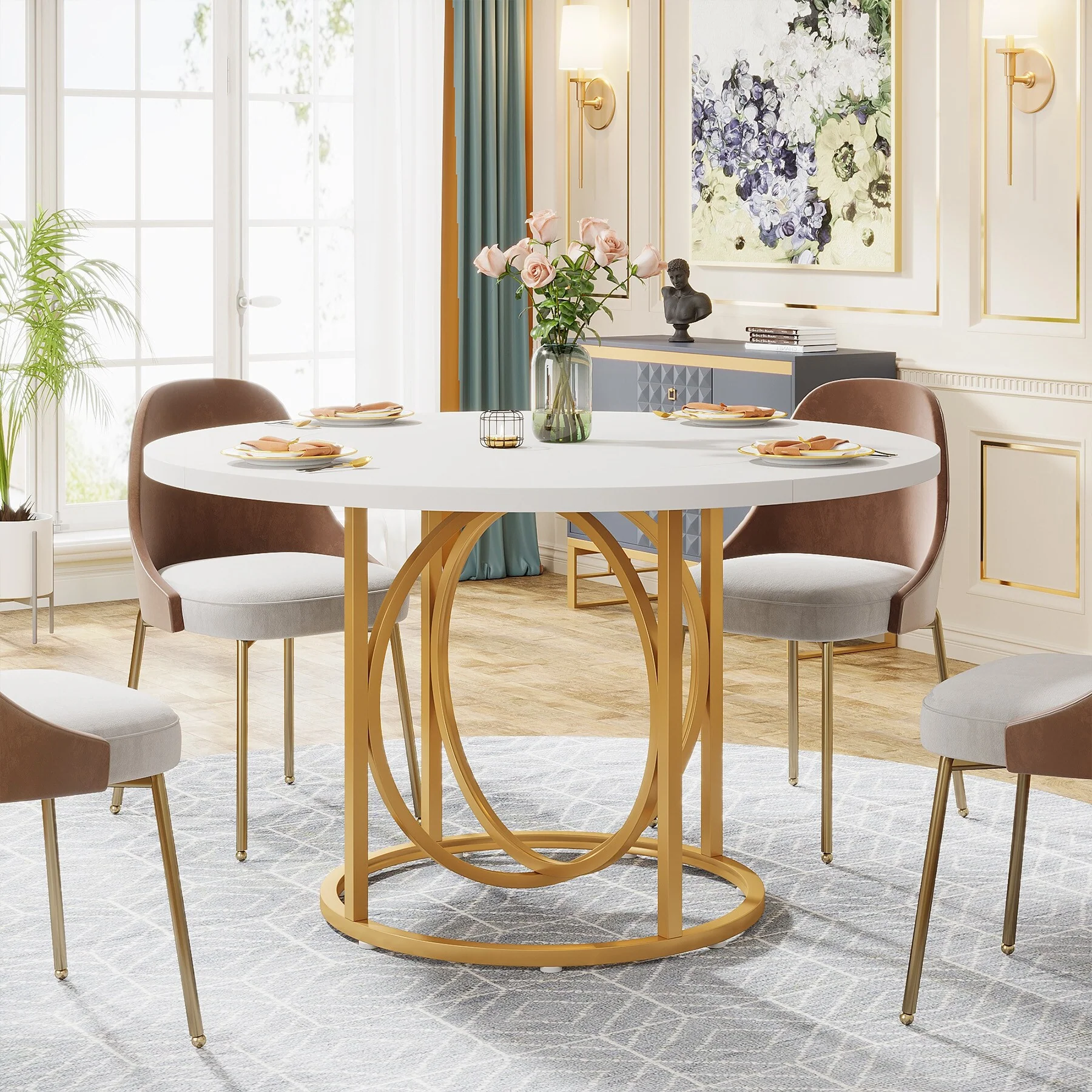 Round Dining Table for 4-6, 47 Inch Modern Kitchen Table with Gold Base