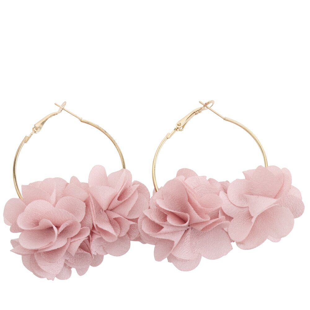 Créoles métal doré avec fleur tissu rose Ø3,5cm