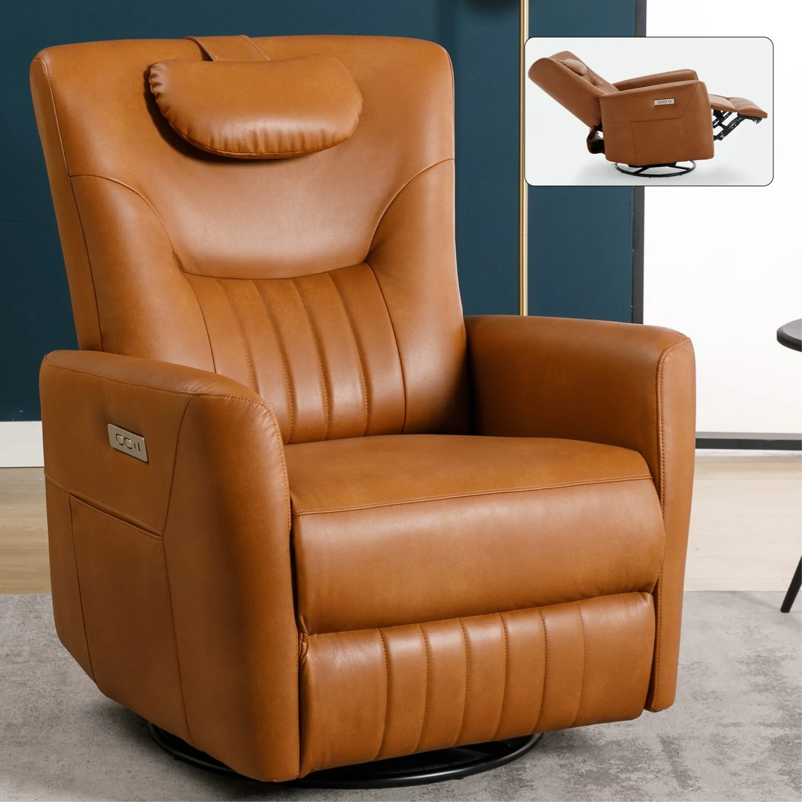 Beige Power Recliner with Swivel, Rocking Motion & Lumbar Pillow