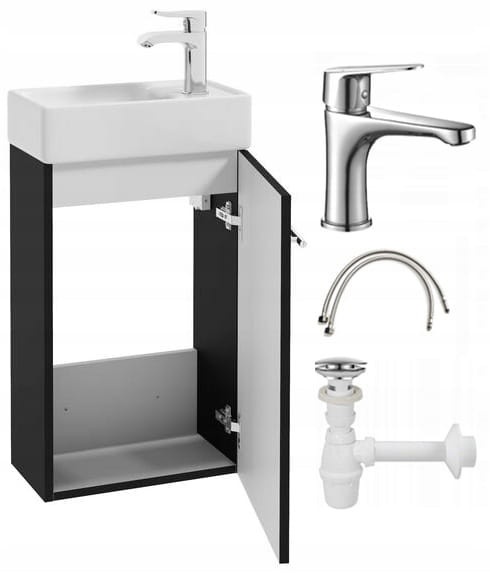 Zestaw Wisząca Szafka Łazienkowa 40 cm z Umywalką i Chrom Baterią, Czarna