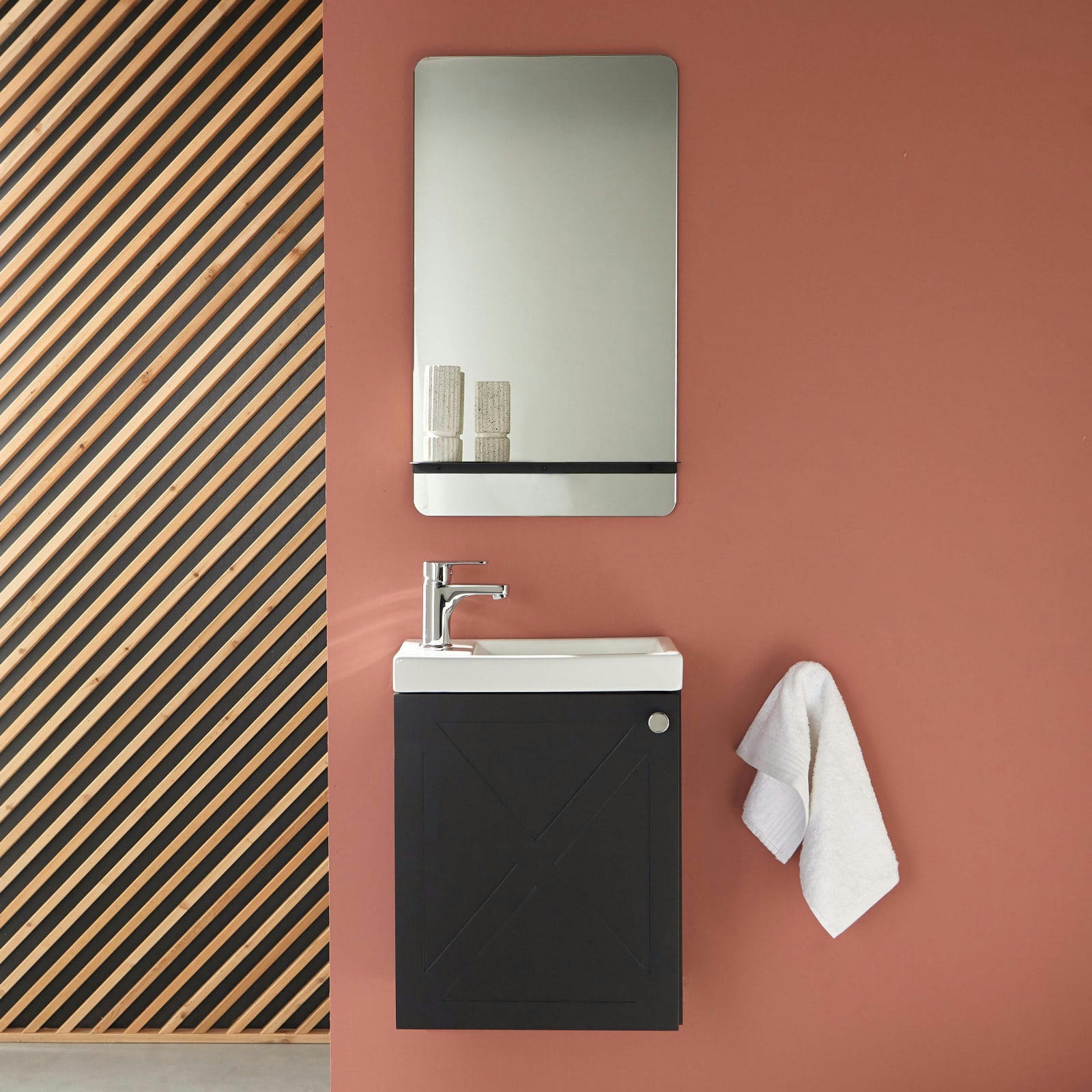 AVA - Meuble lave-mains  noir carbone + miroir tablette blanche + rob chromé