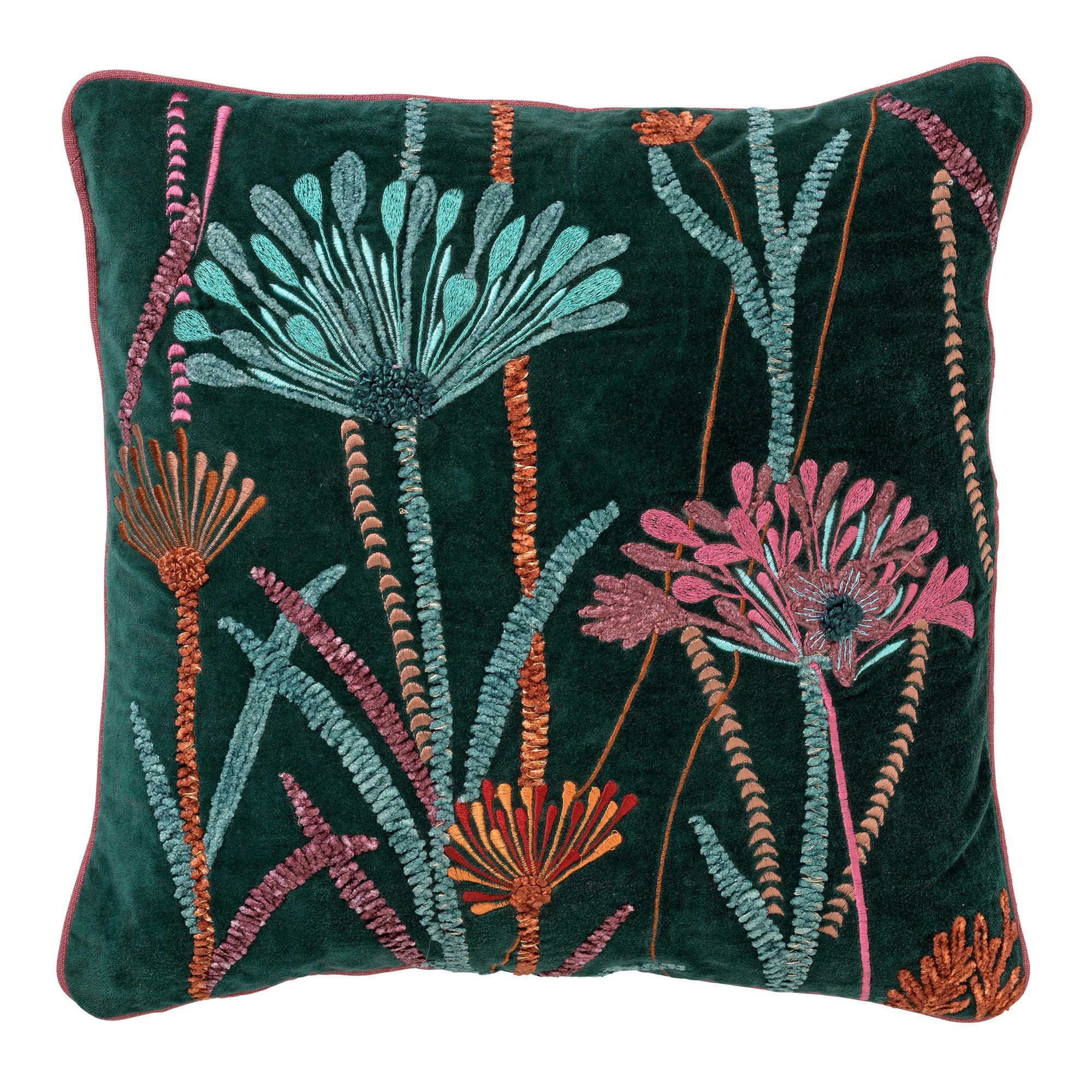 YVETTE - Coussin vert en velours 45x45 cm avec motif fleuri