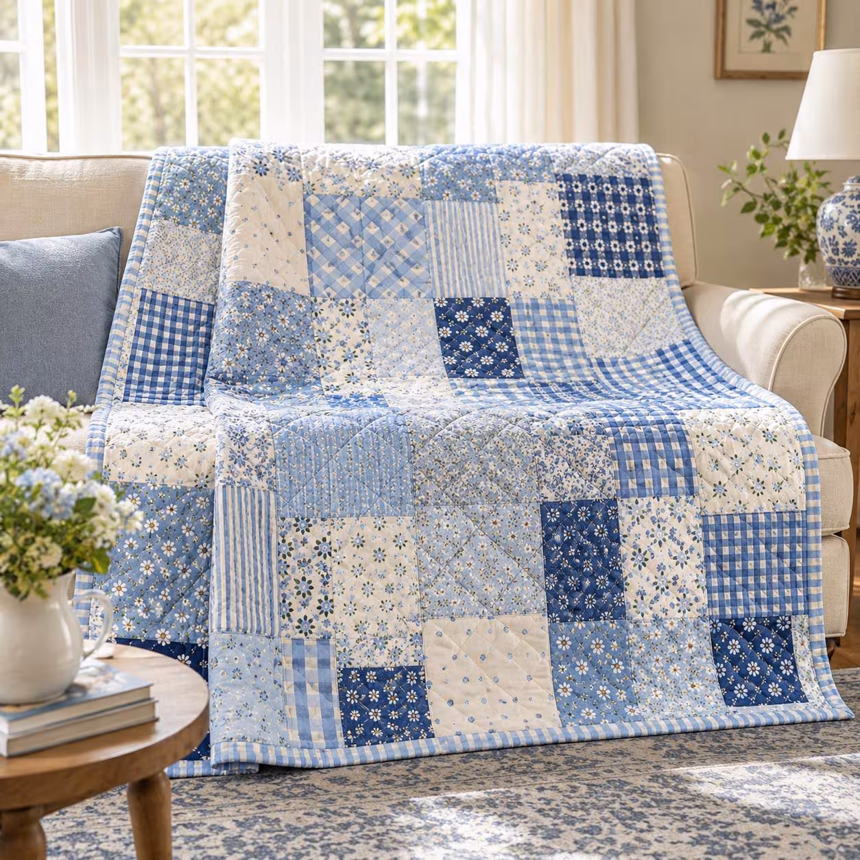 Patchwork Style Blanket, Vintage Floral Throw, Cottagecore Farmhouse Bedding