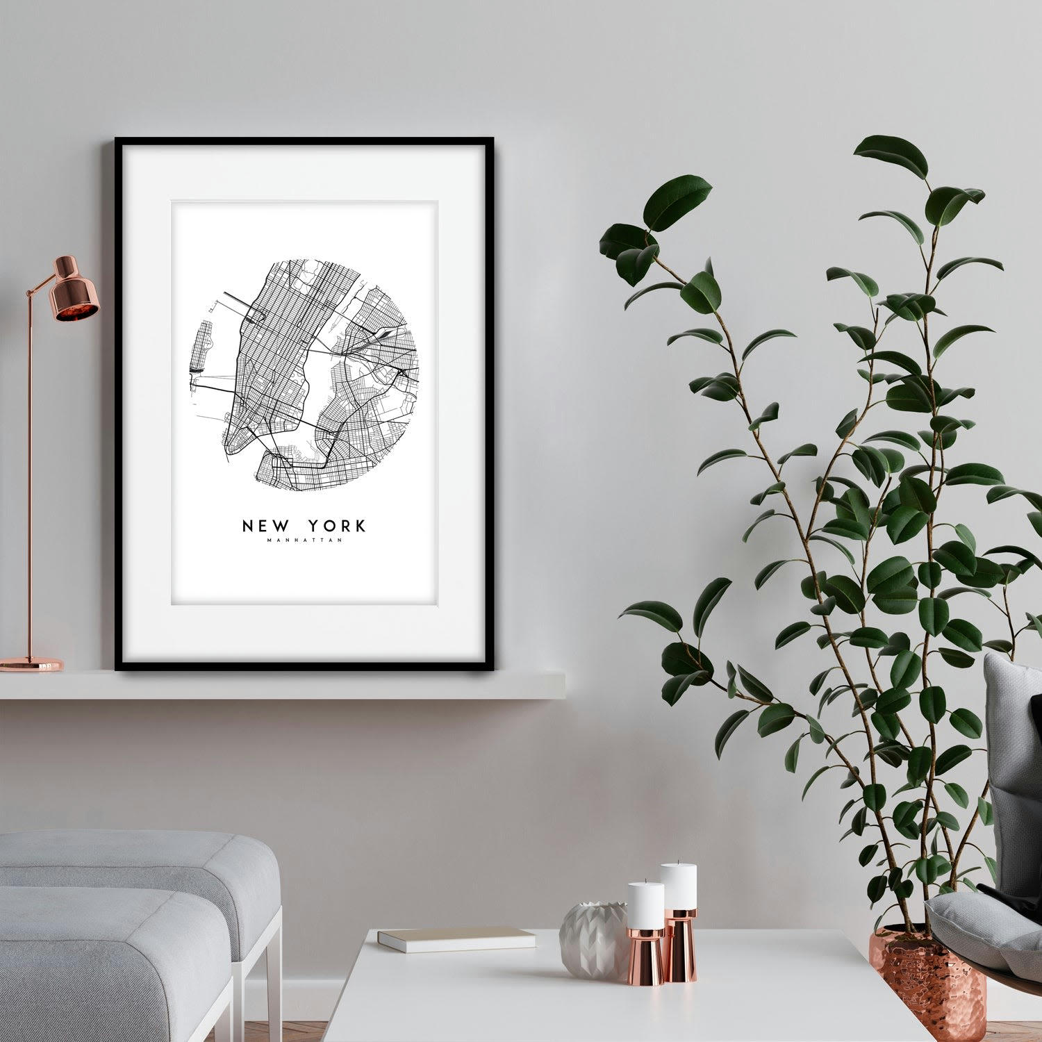 CIUDADES - Affiche avec cadre noir - Carte New York - 50x70