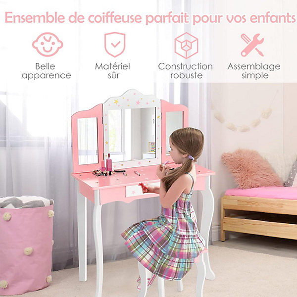 Coiffeuse avec Miroir a 3 Volets Amovible et Tiroir Table de Maquillage avec Tabouret Ensemble Coiffeuse avec Coins Arrondis
