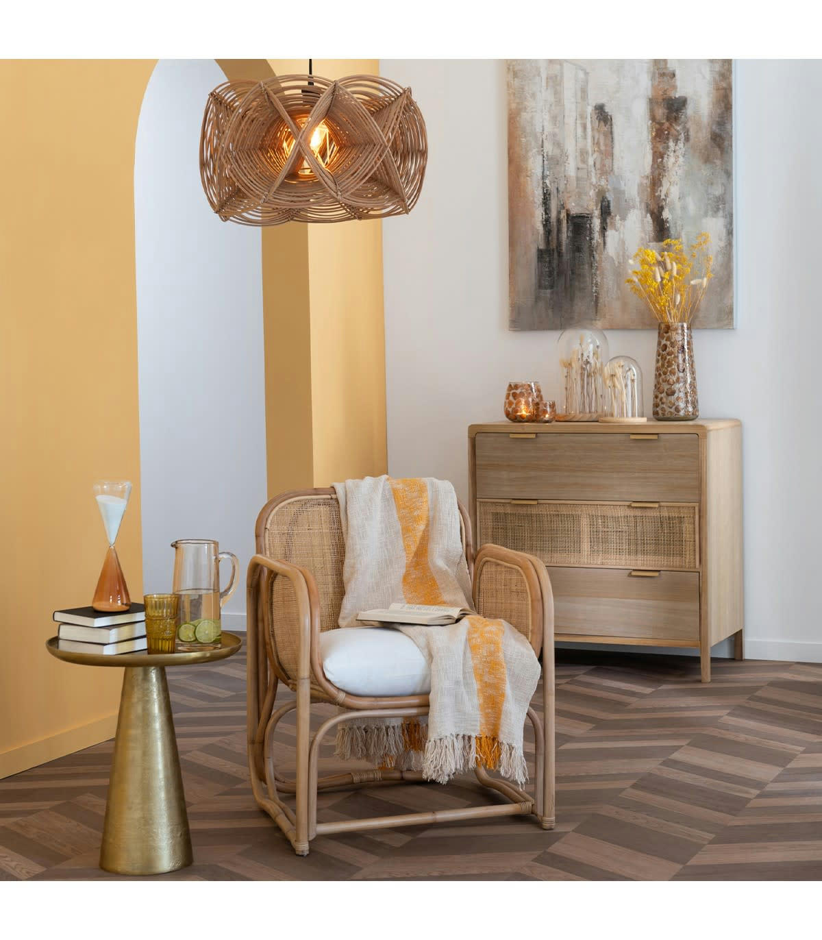 - Commode 3 Tiroirs en Bois Massif et Rotin - L90 cm