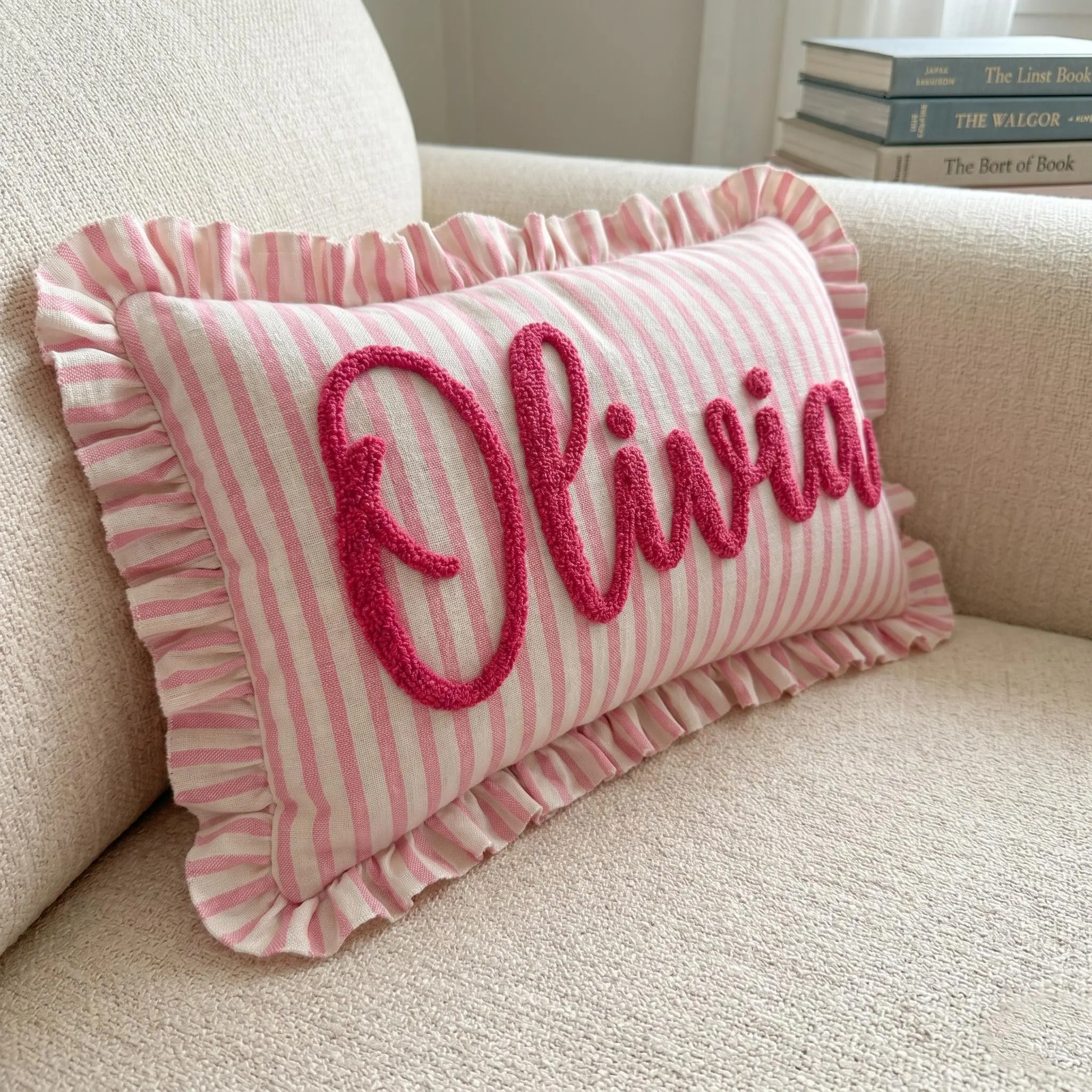 Personalized Striped Ruffled Punch Needle Throw Pillow: Embroidered Name Baby Gift for Nursery