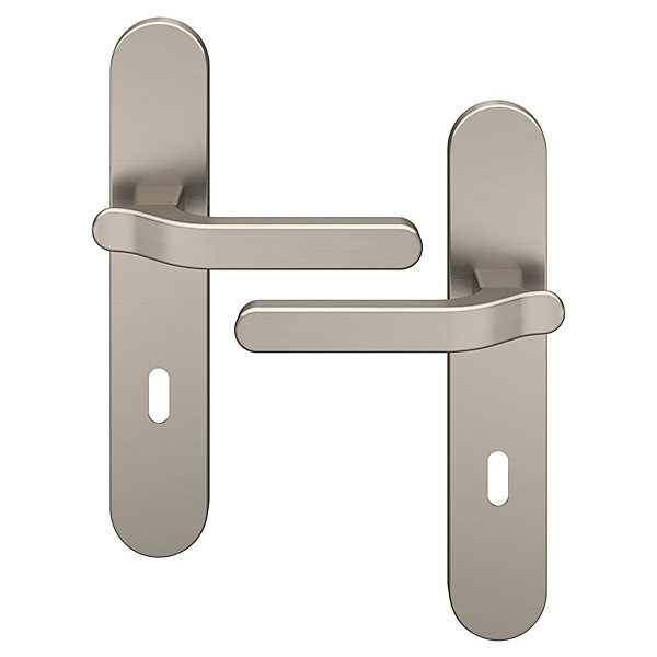 Ensemble poignée sur plaque rond serrure GoodHome Prat effet nickel satin gris L.129mm x l.42mm entraxe 165-195mm