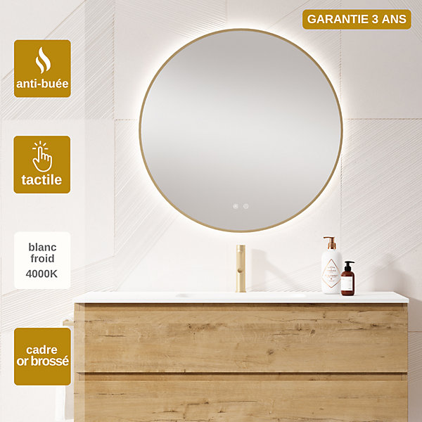 Miroir salle de bains LED rétroéclairé D80 cm - contour or brossé - commandes On/Off et anti-buée - IBIZA SANIZéO