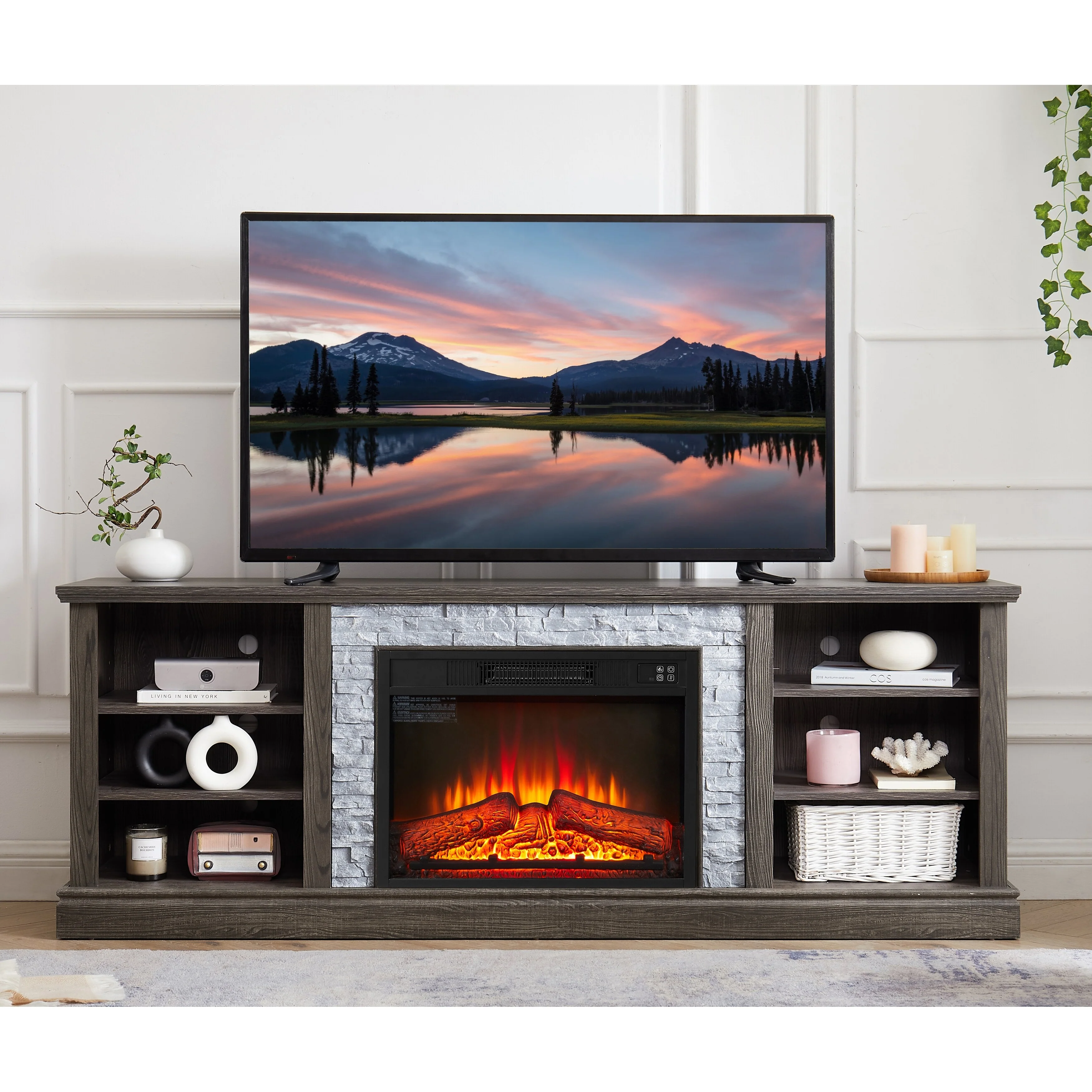 Cherry 70 Electric Fireplace TV Stand with Faux Stone & Storage for TVs Up to 75