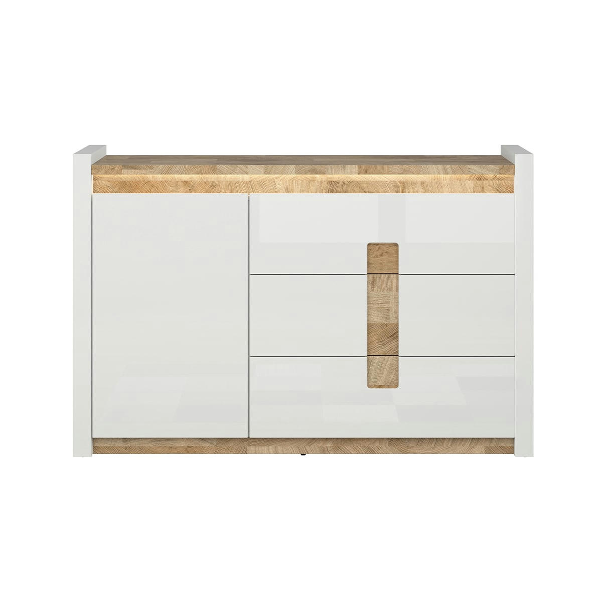 - Buffet 1 porte 3 tiroirs avec led blanc laqué et naturel