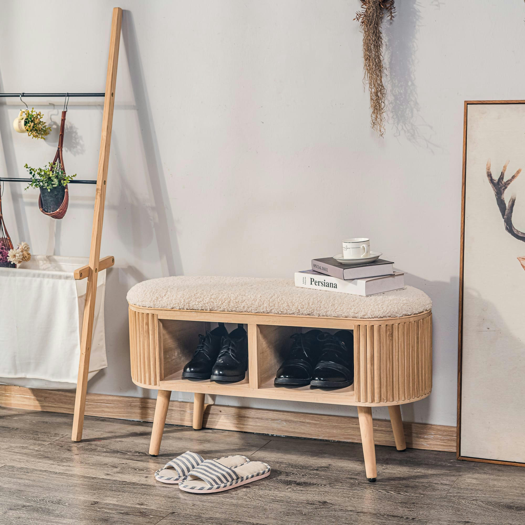 - Banc avec rangement en pin et bouclettes blanc