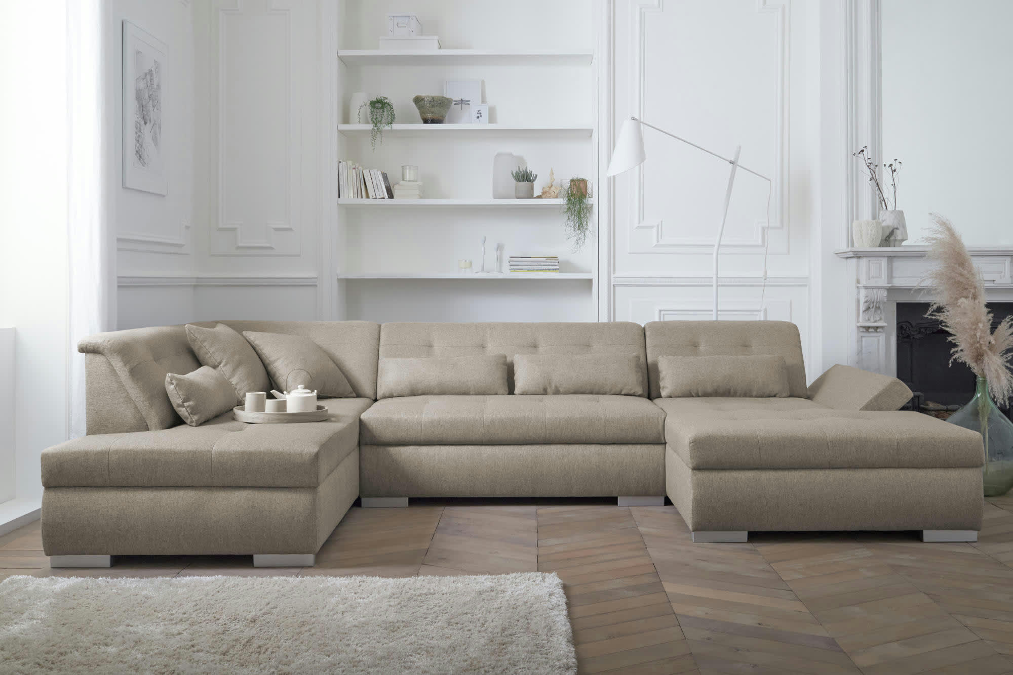 VERMONT - Canapé panoramique 7 places angle gauche en tissu beige