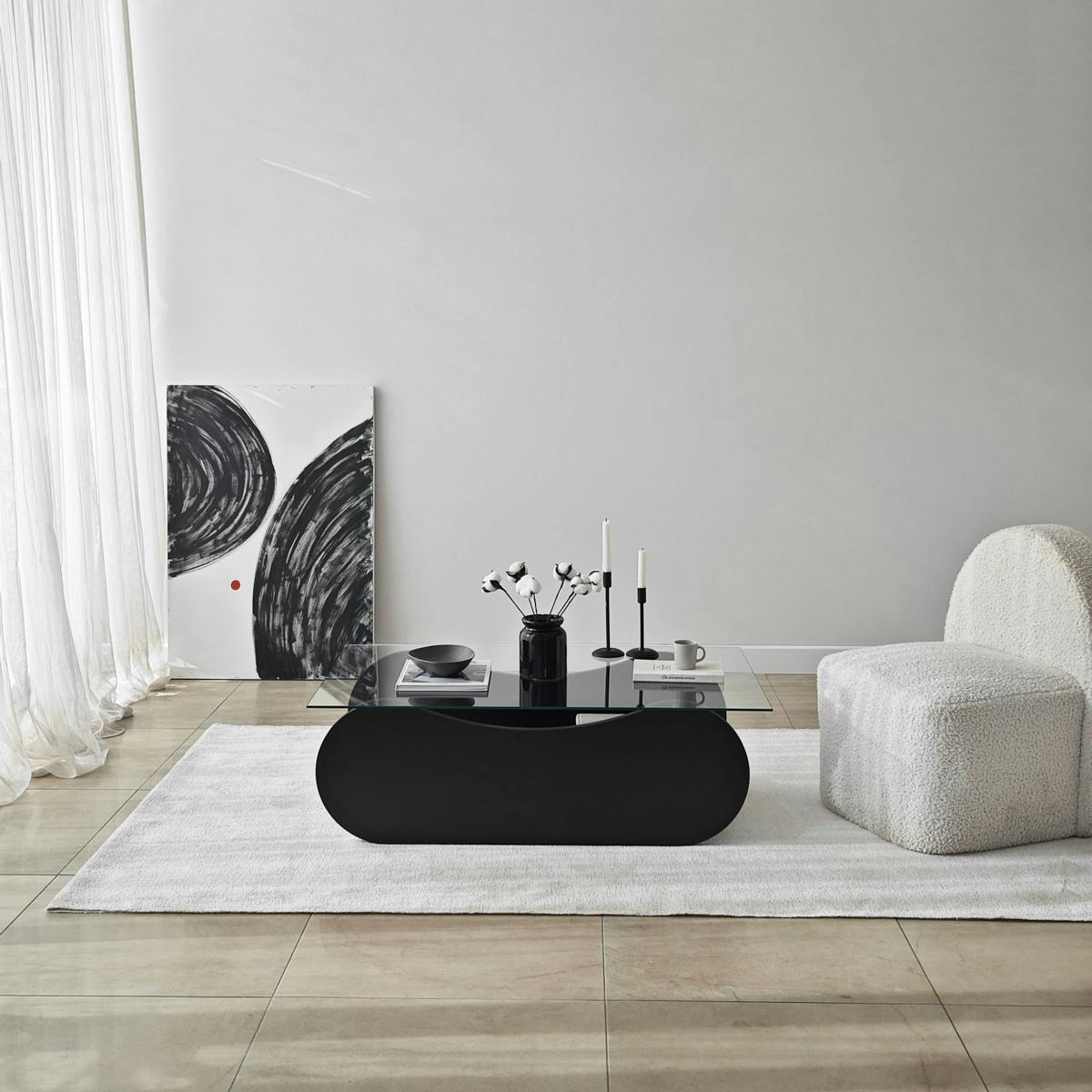 Table basse en verre, base luge noire avec rangement SALTA