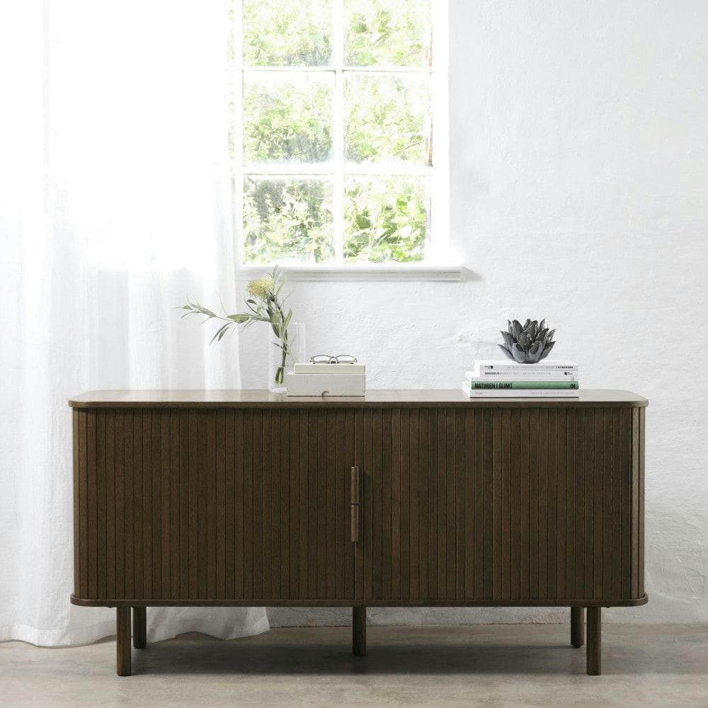 CALLAN - Buffet aux portes coulissantes en bois strié L160cm bois foncé