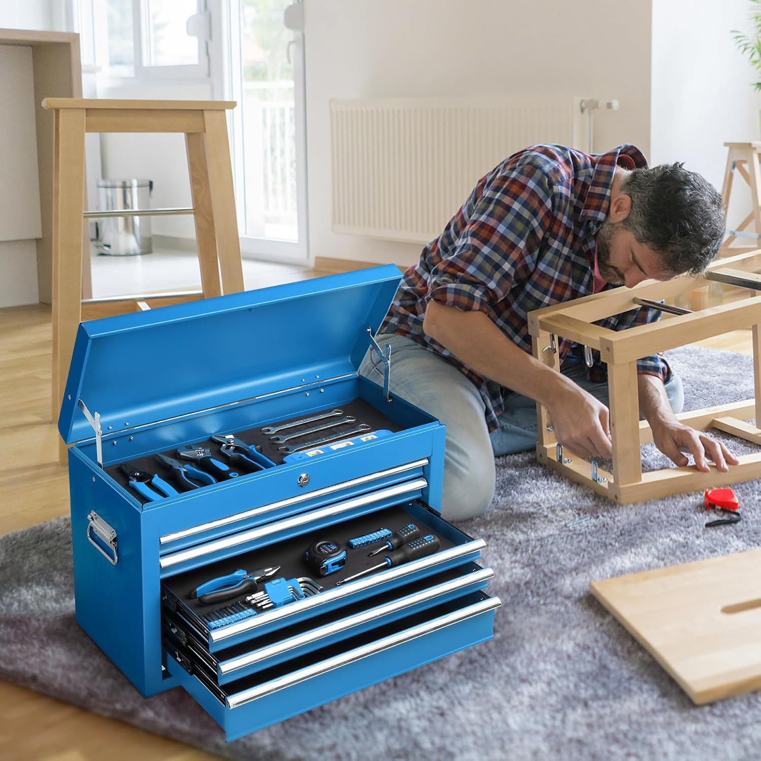 Winado 24 Portable Tool Box, 5 Drawer Tool Chest with Carry Handle, Top Case, Ball Bearing Runners, Lockable Metal Hand Toolbox for Garage, Warehouse, Repair Shop & Home, Blue