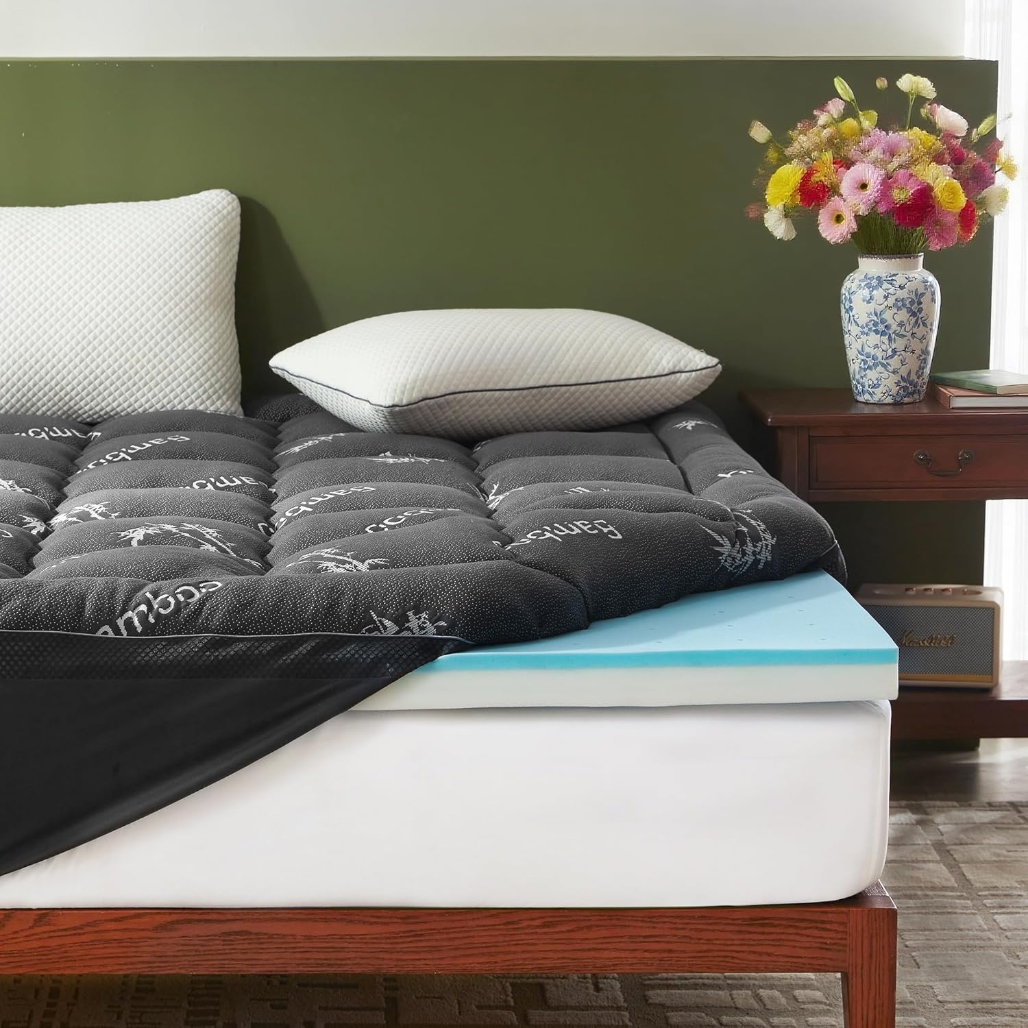 BEDLORE 4 Inch Memory Foam Mattress Topper King,2-in-1 Dual Layer Design (2 Gel Memory Foam + 2 Plush Pillow Top Cover) Mattress Topper Medium-Firm,Pressure Relief & Back Pain Support(Dark Gray)