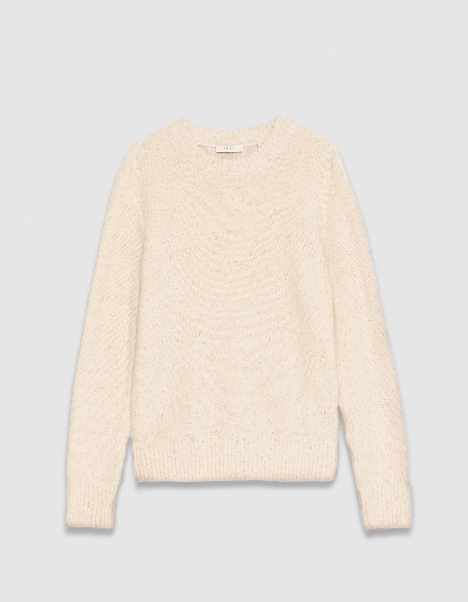 Pull hiver beige tricot mouliné col rond Homme