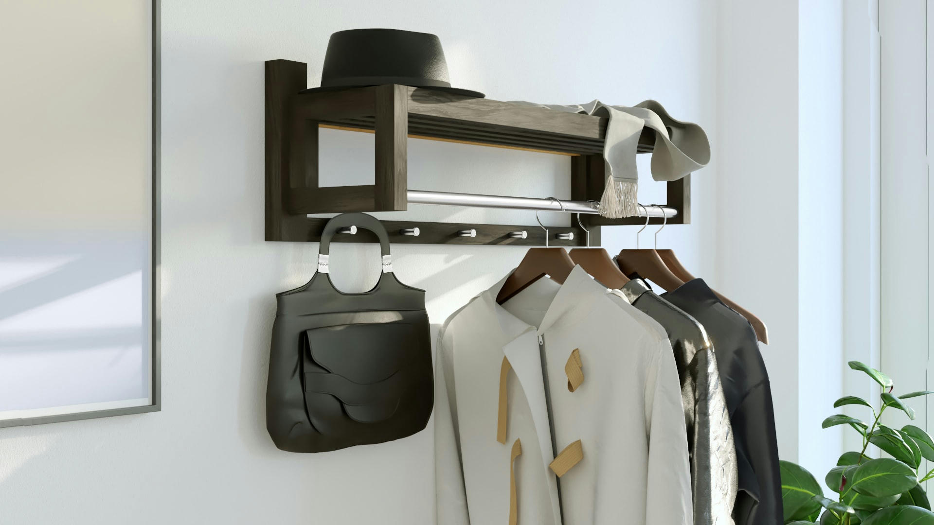 - Portemanteau mural avec 5 crochets, chêne + noir