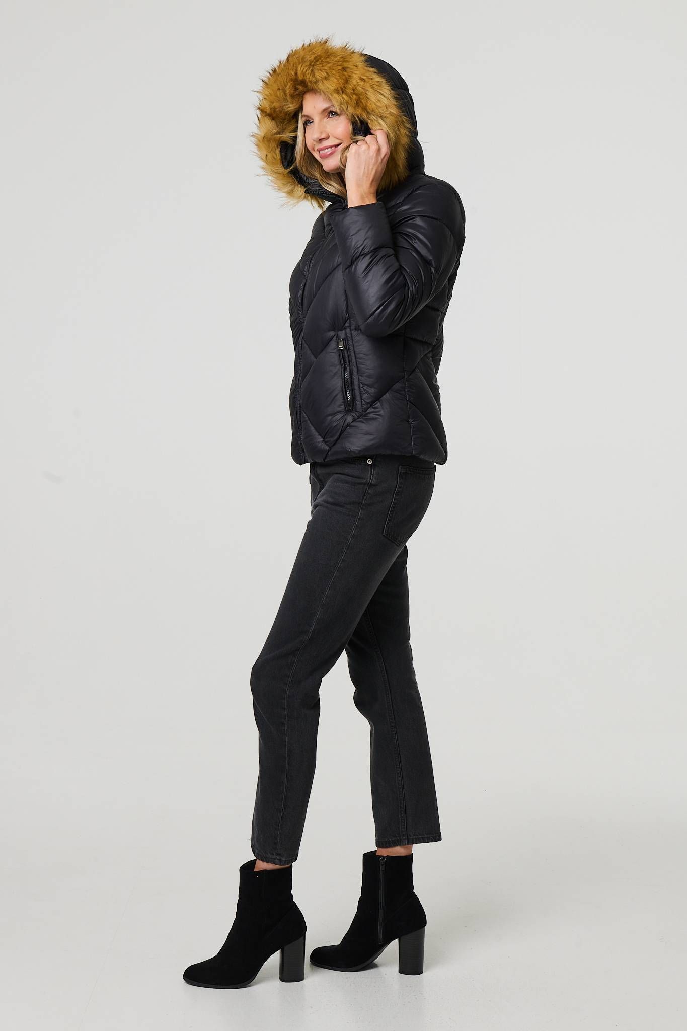 Izabel London Faux Fur Trim Hooded Puffer Jacket