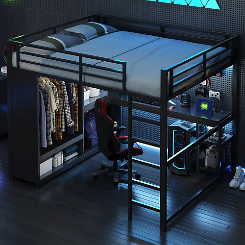 Lit mezzanine en métal 160x200cm avec LED - Bureau et compartiments de rangement - Armoire ouverte - Noir (sans matelas)