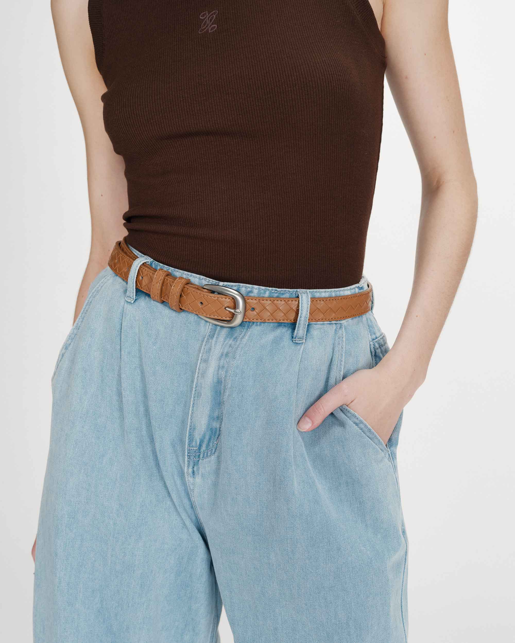 Ceinture en cuir tressée boucle argentée ocre Villette