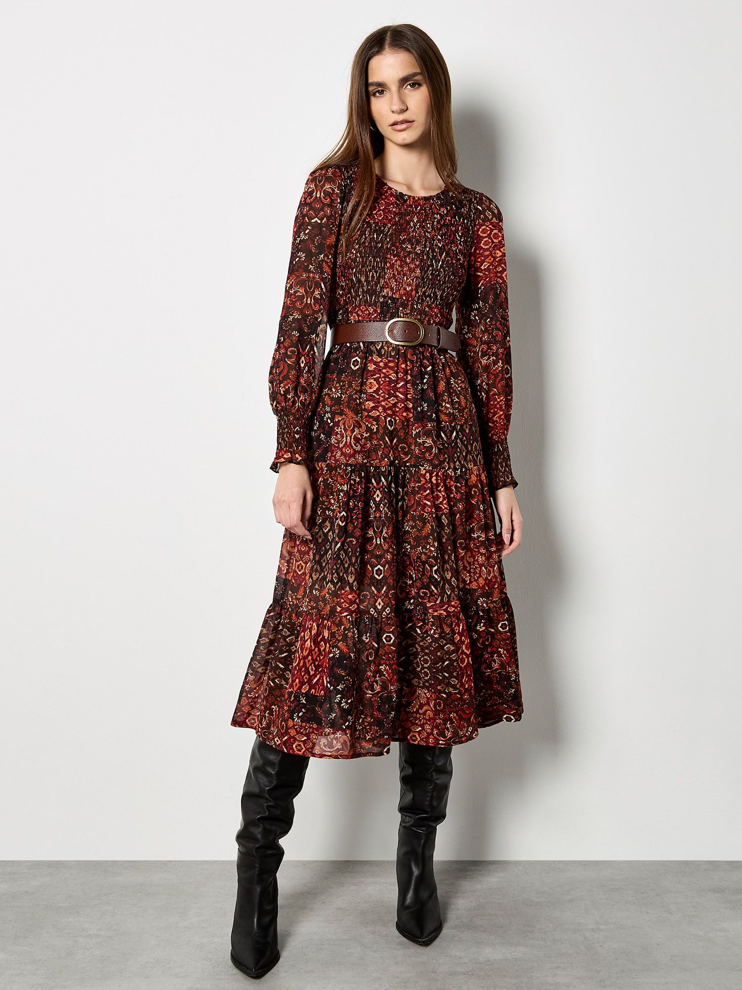 Apricot Ikat Patchwork Smocked Chiffon Midi Dress