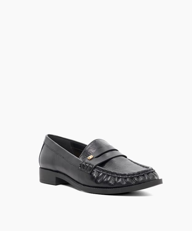 Galex Black - Leather Ruched Toe Penny Trim Loafers