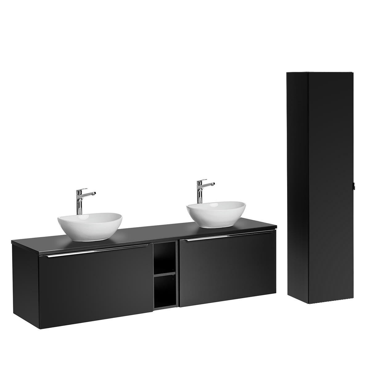 - Ensemble meuble double vasque 180cm et colonne stratifiés et mdf noir