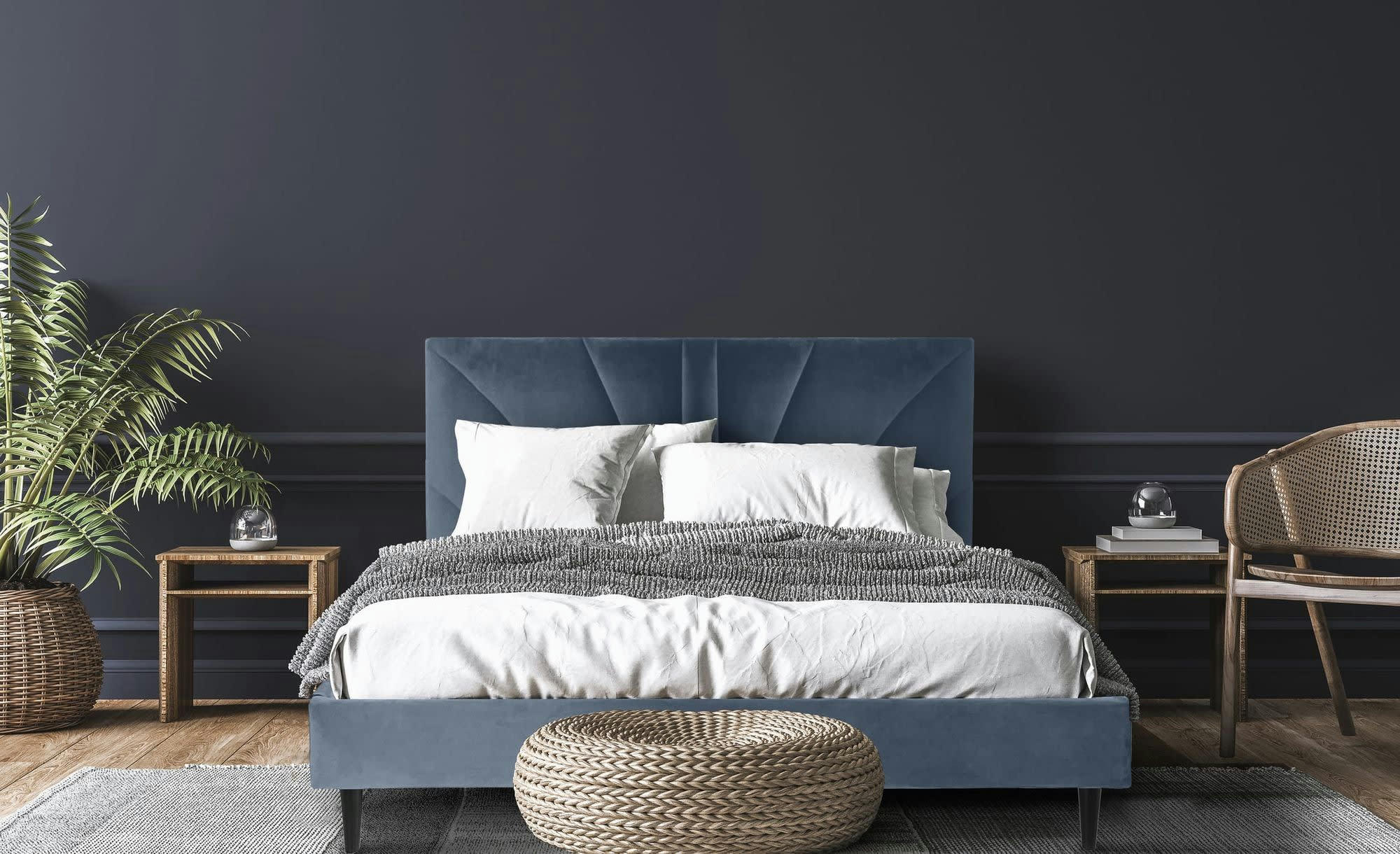 BENJI - Lit avec matelas 2 places  en velours bleu gris 140x190