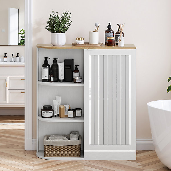 Meuble d'Angle Salle de Bain - Rangement avec étagères ouvertes et Portes en Treillis, MDF, Blanc, 68x25x76 cm