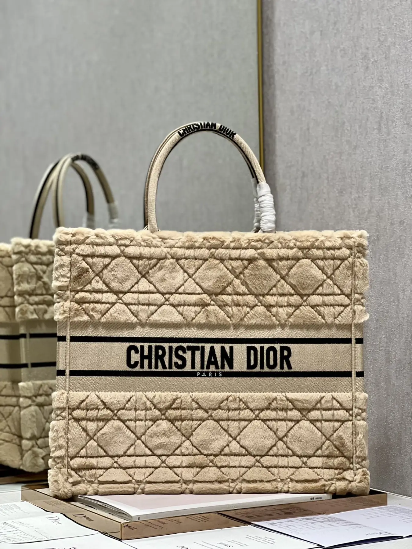 Dior Book Tote Large Beige Cannage Shearling M1286ZMBU_M918