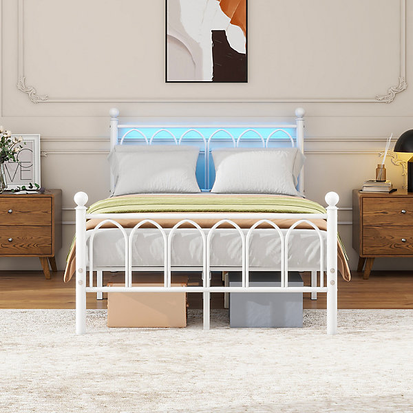 Lit Simple 120x200 cm - Lit Métal Ado Vintage avec LED et Ports USB, Barres Acier Renforcées, Sans Matelas - Métal Blanc