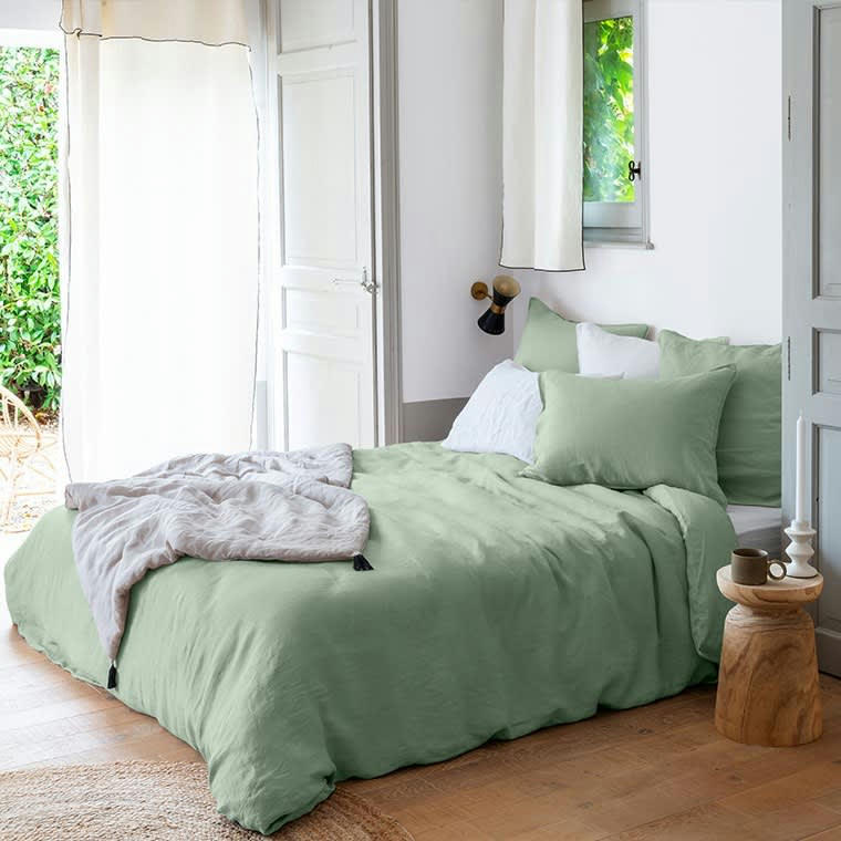 SONGE - Housse de couette lin et coton lavé uni vert 260 x 240 cm