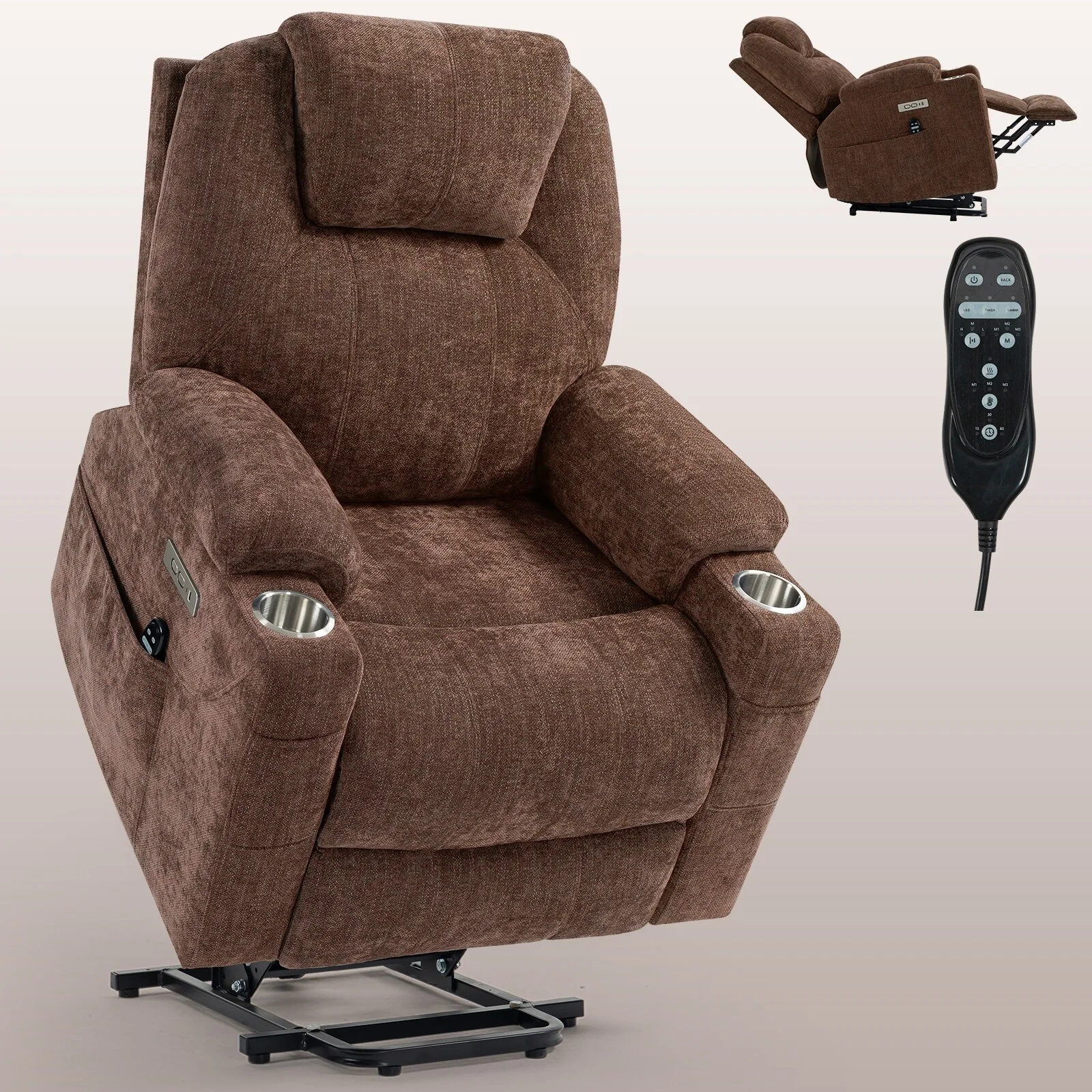 Recliner Chair with 8-Point Vibration Massage and Lumbar Heating, USB and Type-C Ports, Stainless Steel Cup Holders