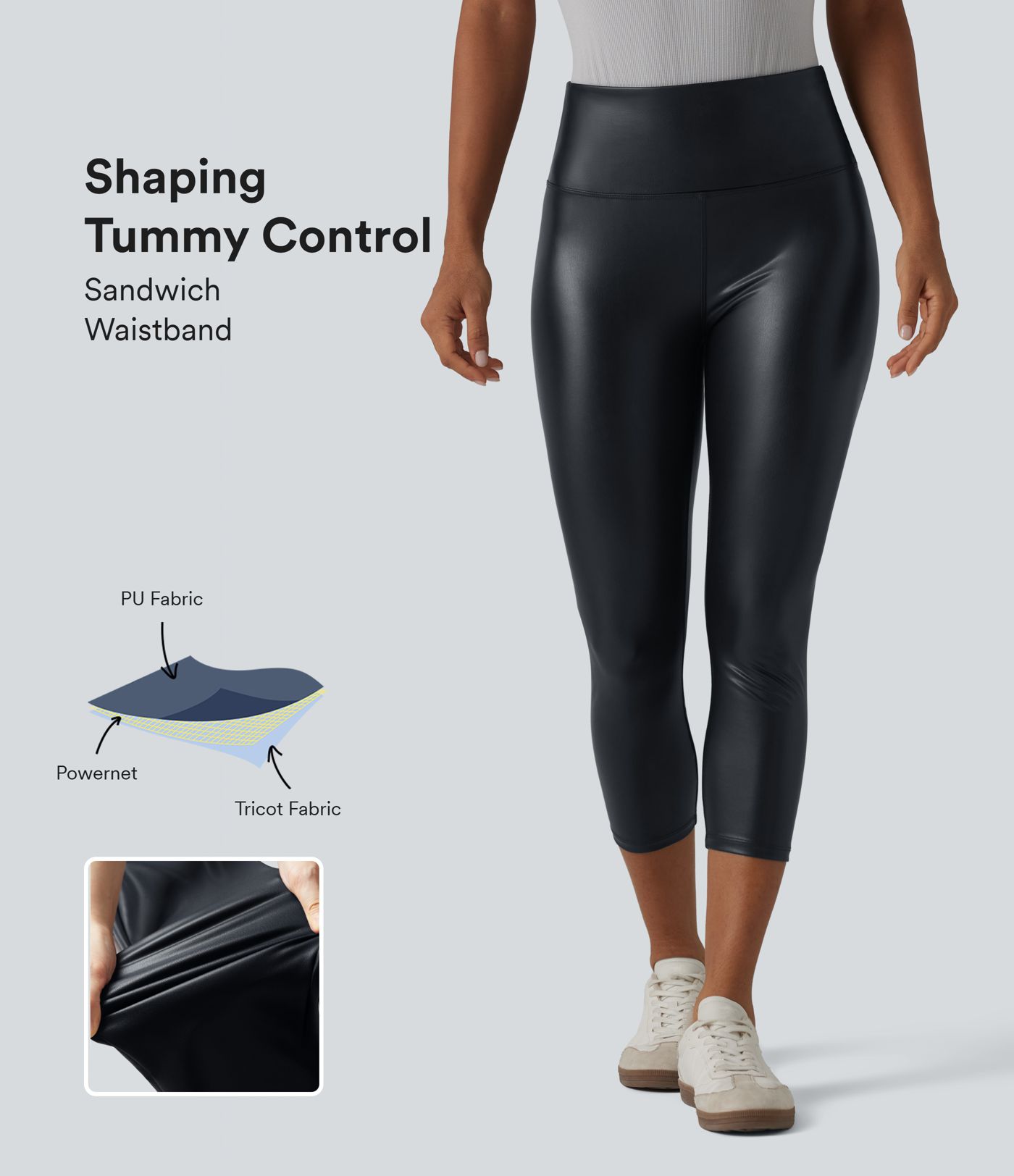 Legging corsaire taille haute ventre plat en similicuir extensible avec poches