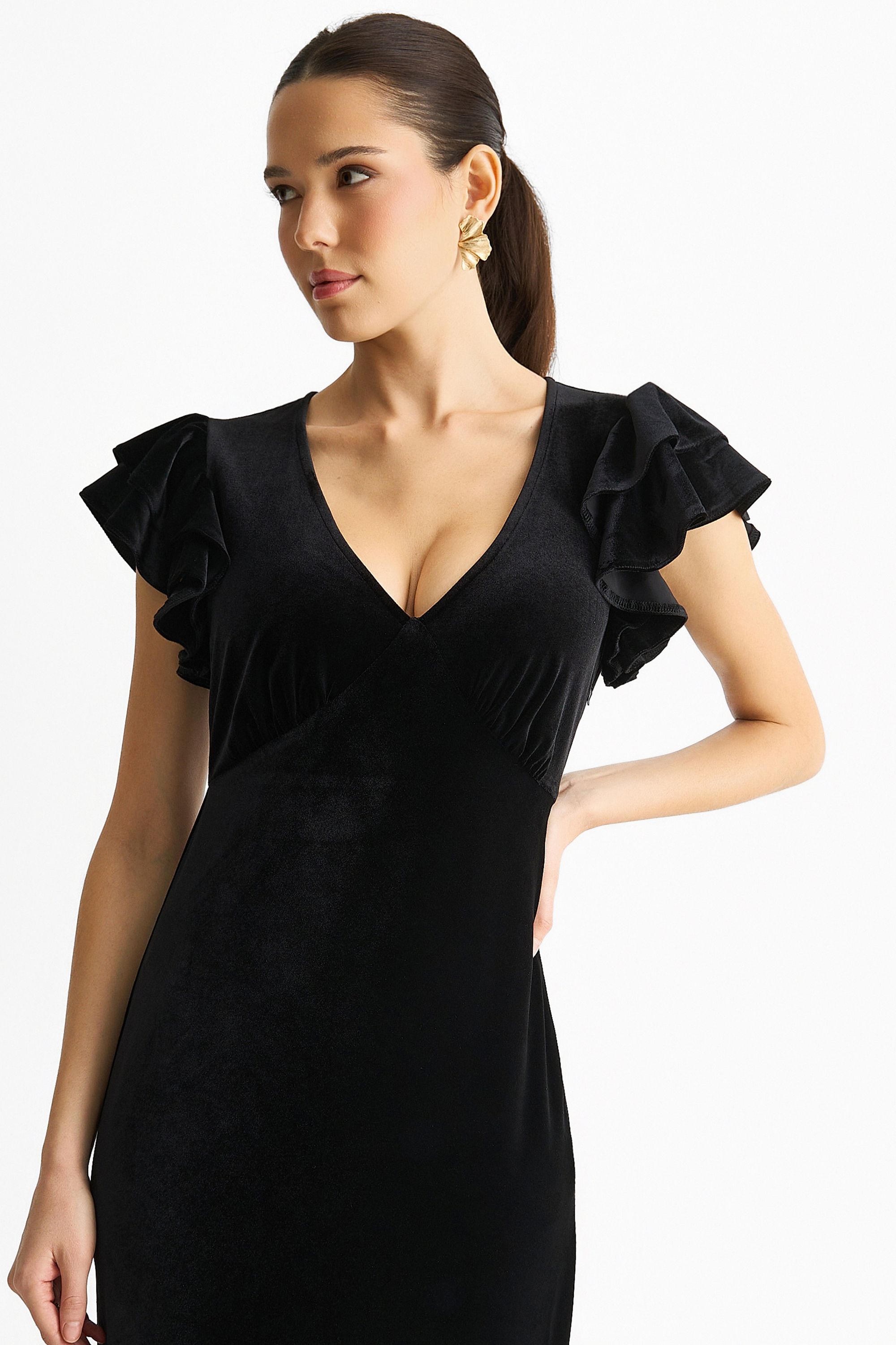 Gini London Black V Neck Ruffle Sleeves Velvet Occasion Maxi Dress