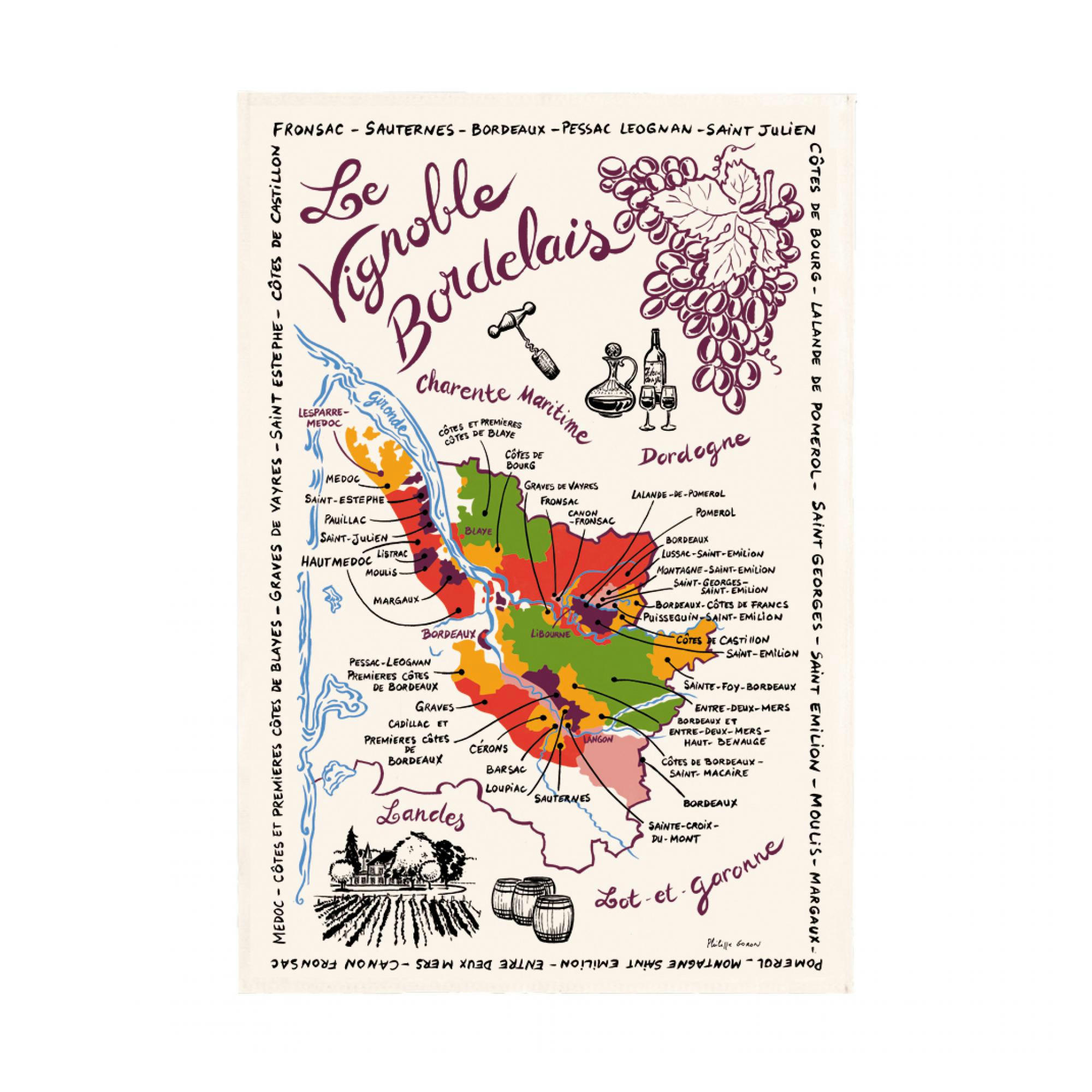 BORDEAUX - Torchon la carte des en coton ecru 48 x 72