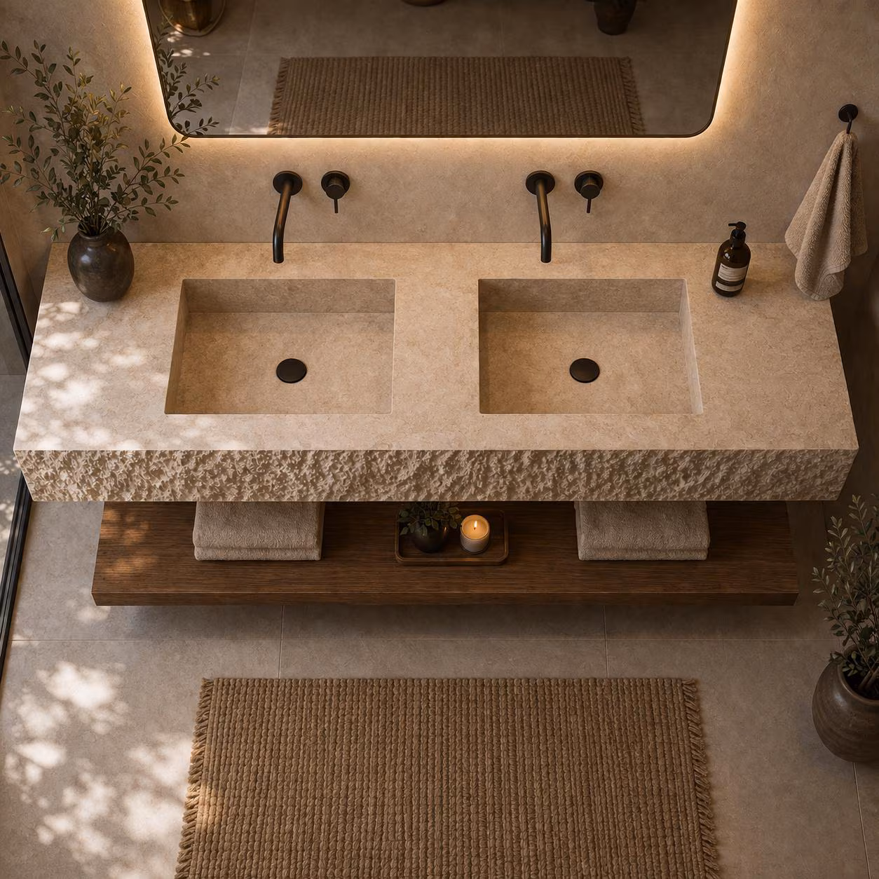 Luxury Travertine Double Sink Vanity, Floating Stone Bathroom Sink, Handmade Natural Travertine Vanity, Modern Rustic Bathroom Decor